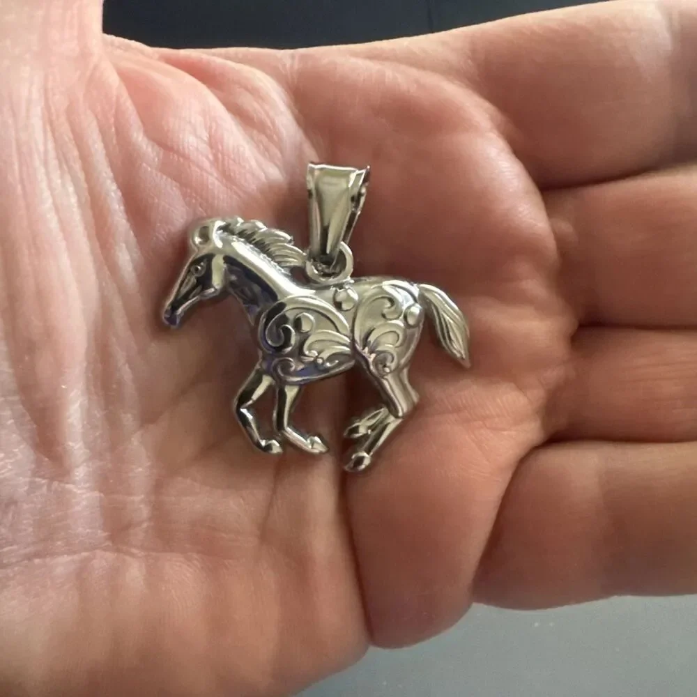 Horse Pony Silver Plated Stainless Steel Pendant 24 Inch Chain Men’s Racing Gift
